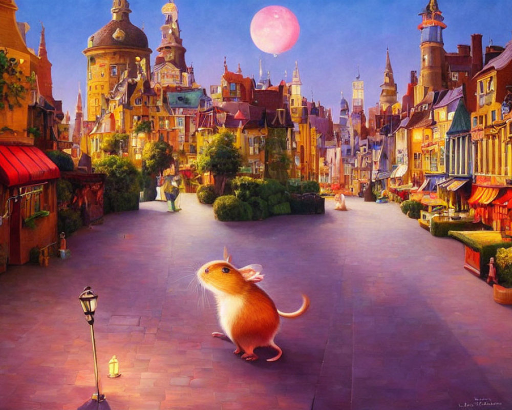 Anthropomorphic mouse in colorful city square with pink moon