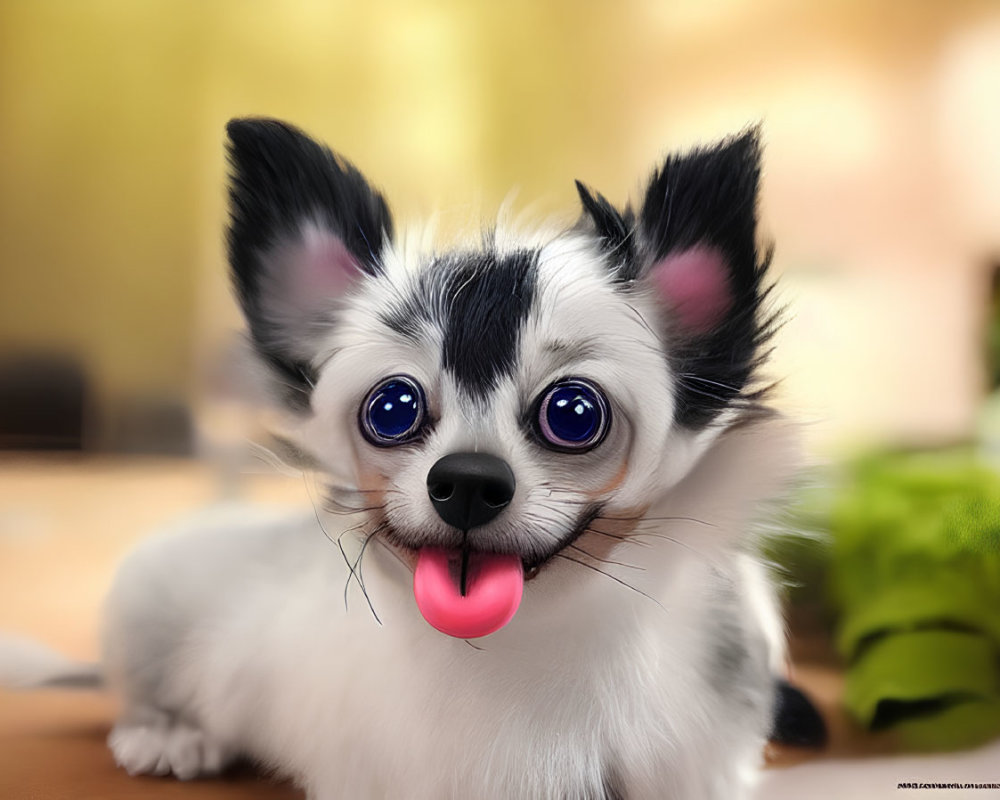 Fluffy small dog with large blue eyes in playful pose indoors