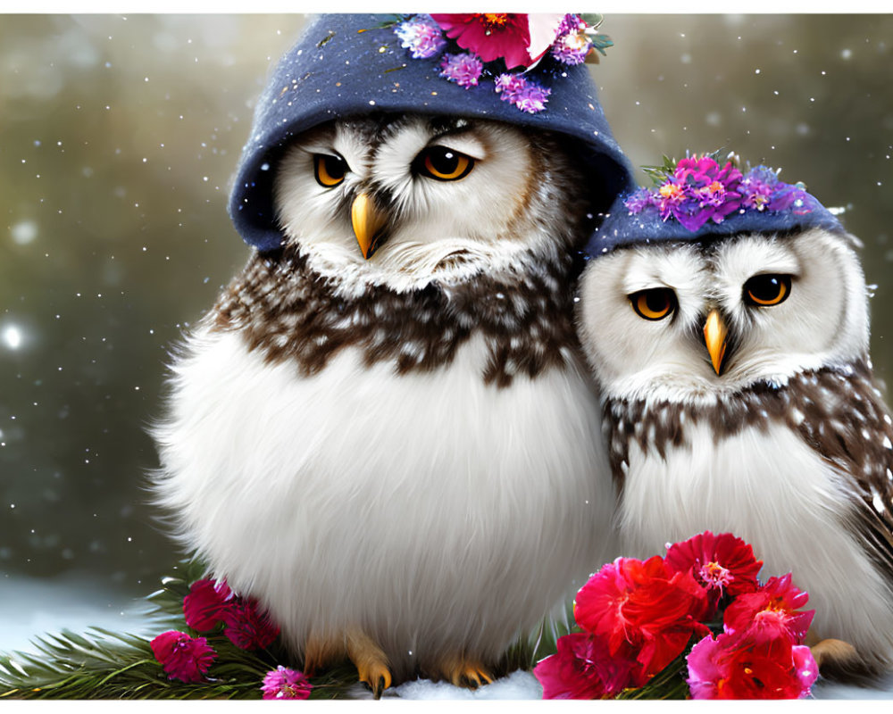 Illustrated owls with vibrant flower hats in snowy scene