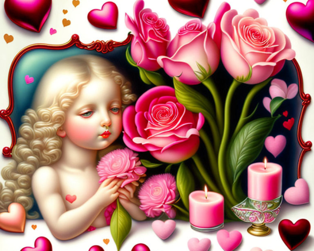 Cherub with curly hair holding pink flower in romantic setting