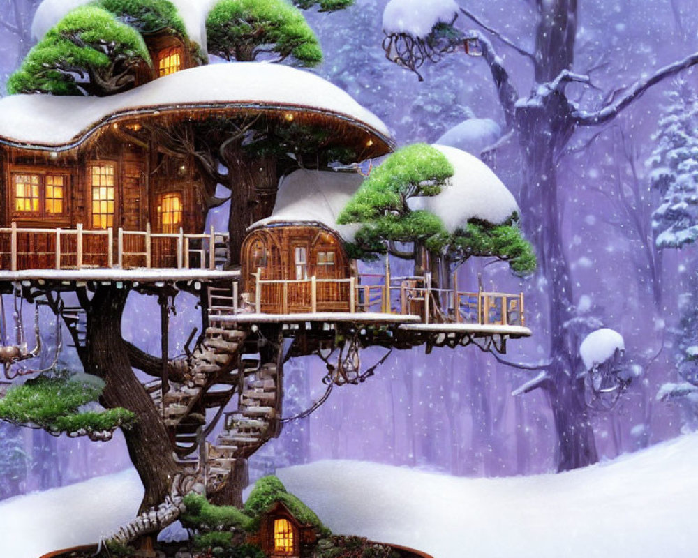 Snow-covered treehouse in serene winter forest with glowing lights