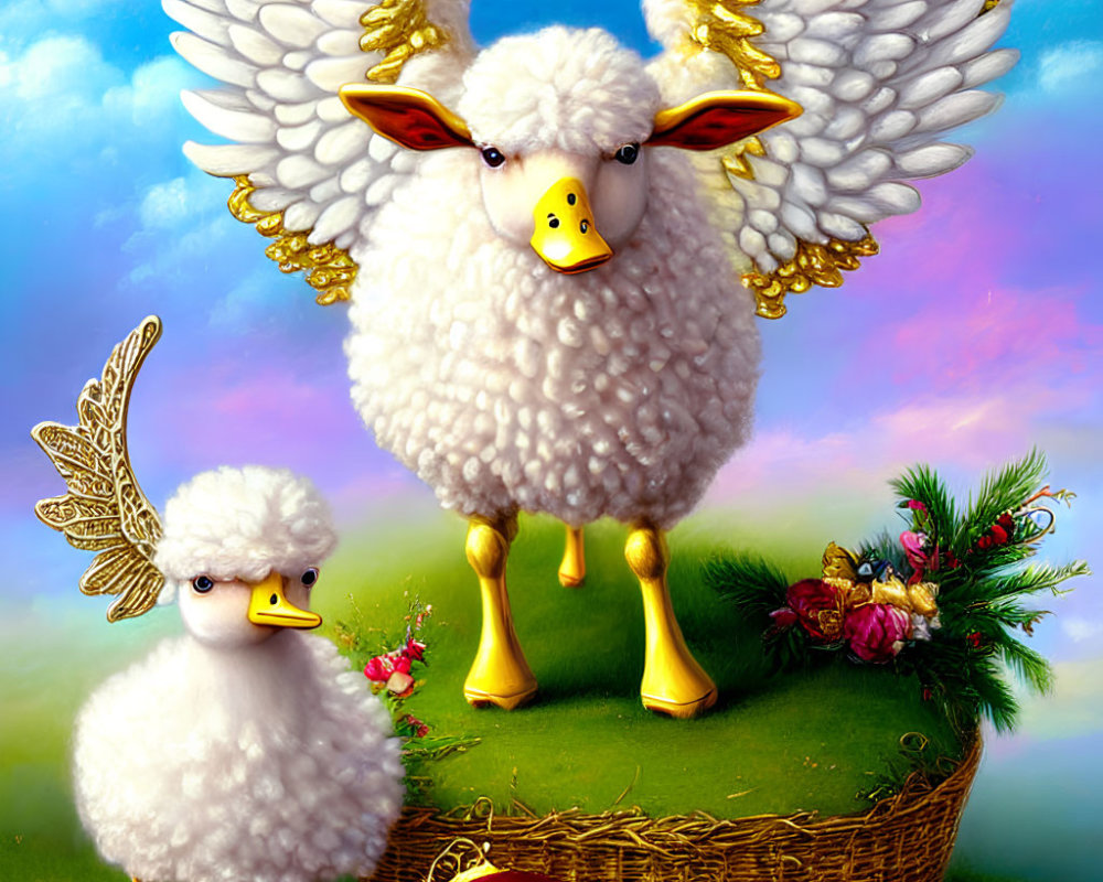 Colorful whimsical illustration of fluffy sheep with wings and bird-like beaks in a cloud-filled setting