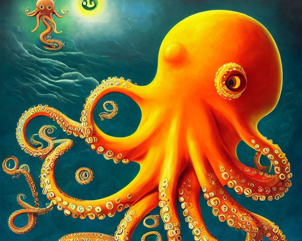 Colorful Underwater Octopus Illustration with Sun and Smaller Octopus