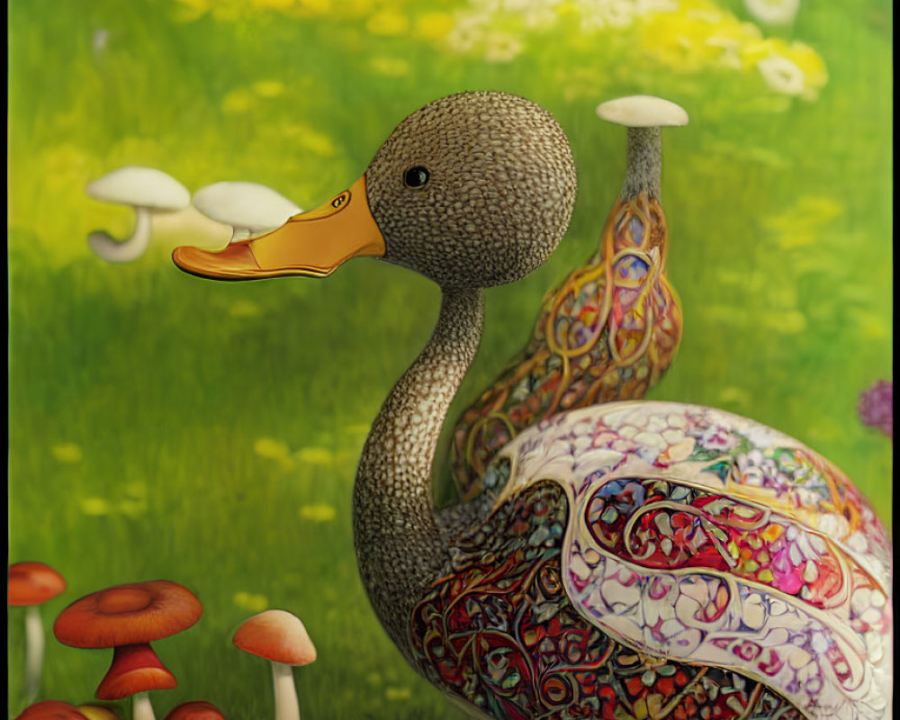 Patterned Duck Surrounded by Colorful Mushrooms and Greenery