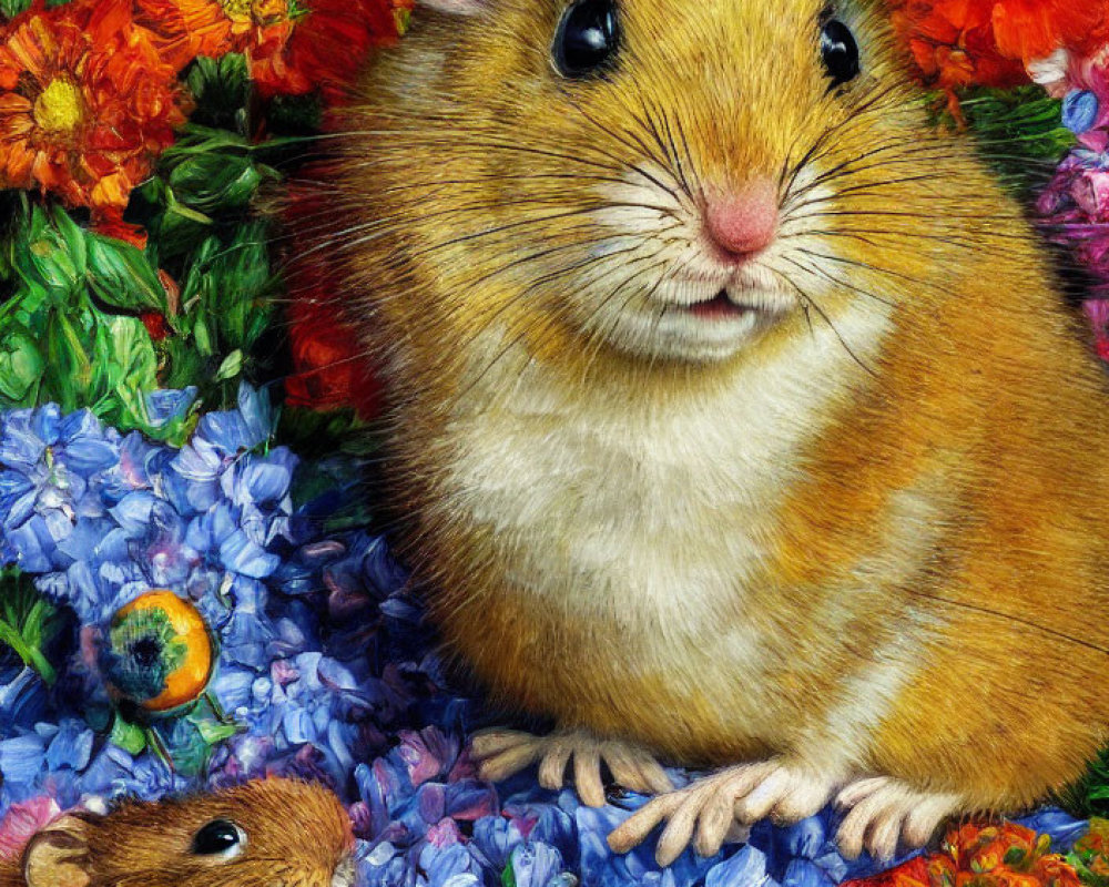 Detailed illustration of two hamsters in vibrant floral setting