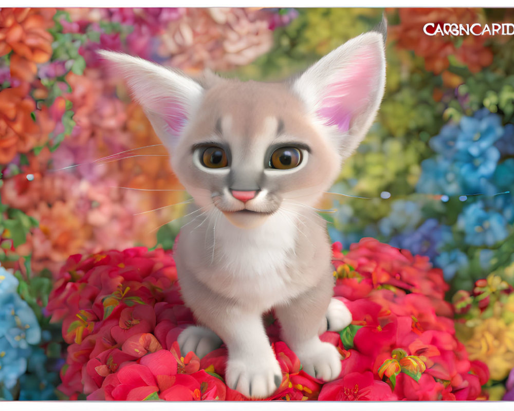 Adorable animated kitten surrounded by colorful flowers