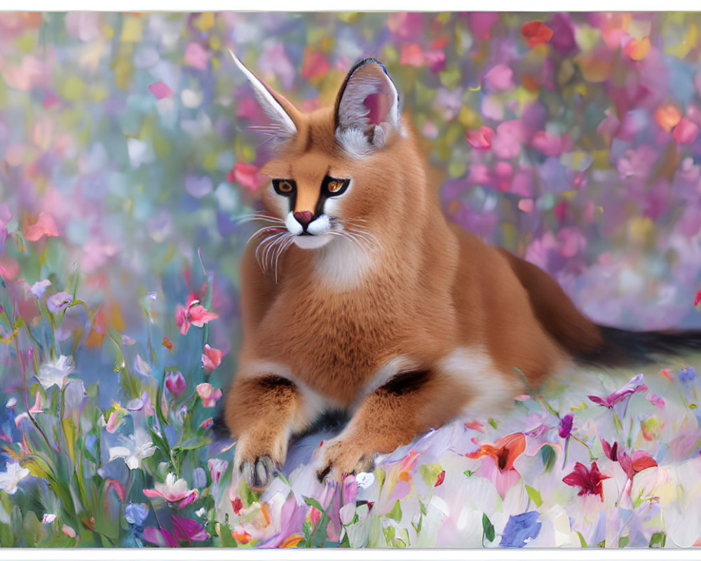 Majestic caracal cat with ear tufts in vibrant flower field