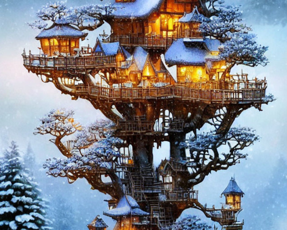 Intricate multi-level treehouse in snow-covered branches at twilight