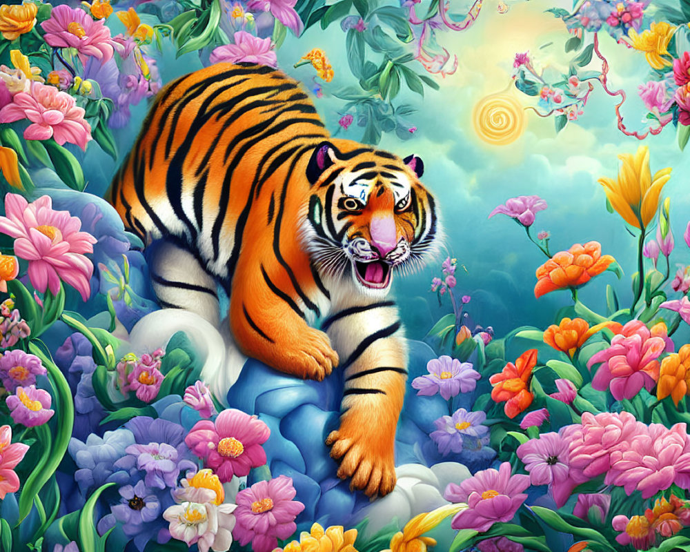 Colorful Tiger Illustration in Floral Setting with Swirling Clouds