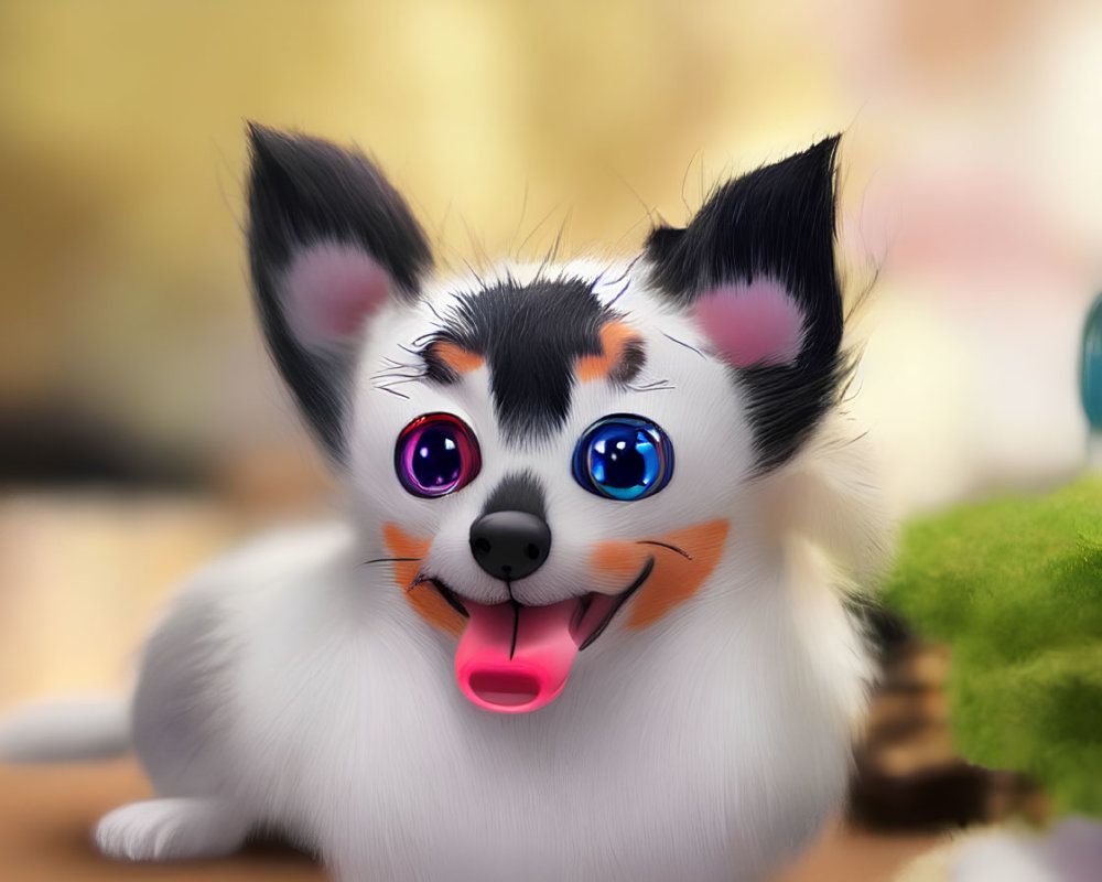 Whimsical cartoon dog with oversized blue eyes and colorful markings