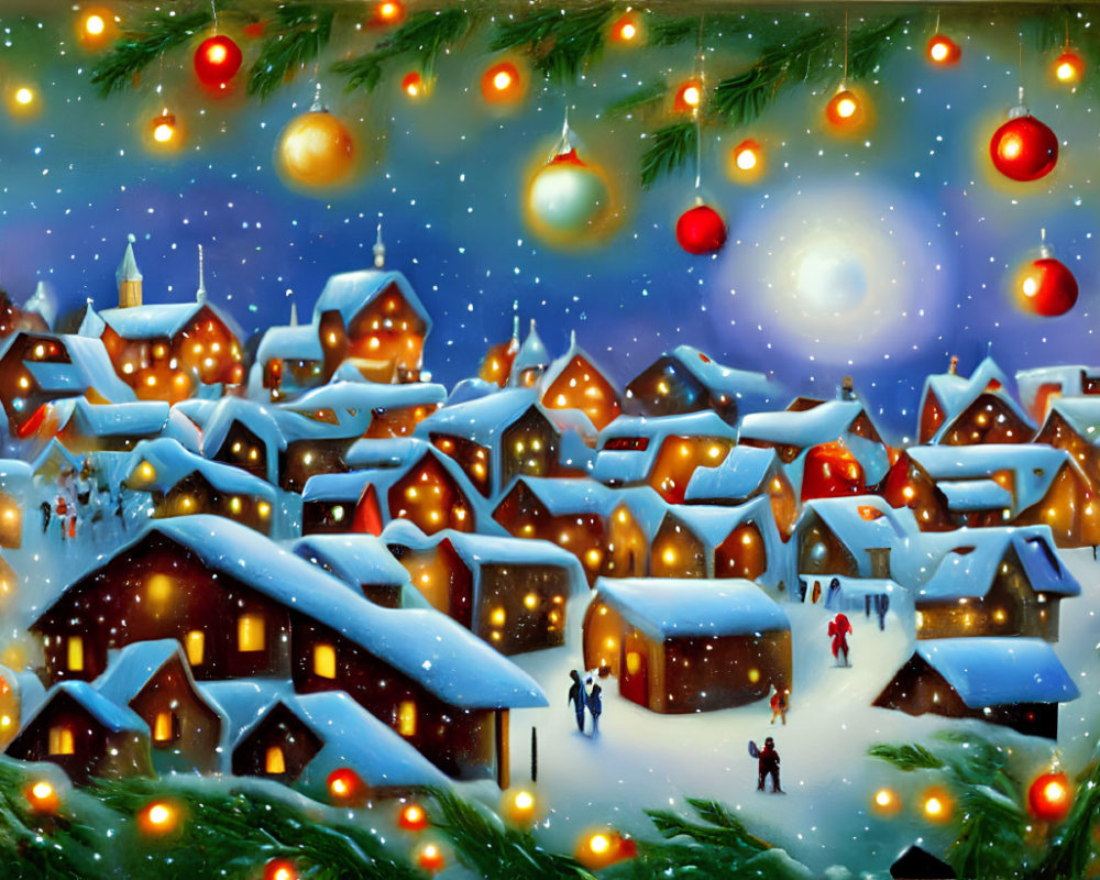 Snow-covered winter village with Christmas decorations and starlit sky