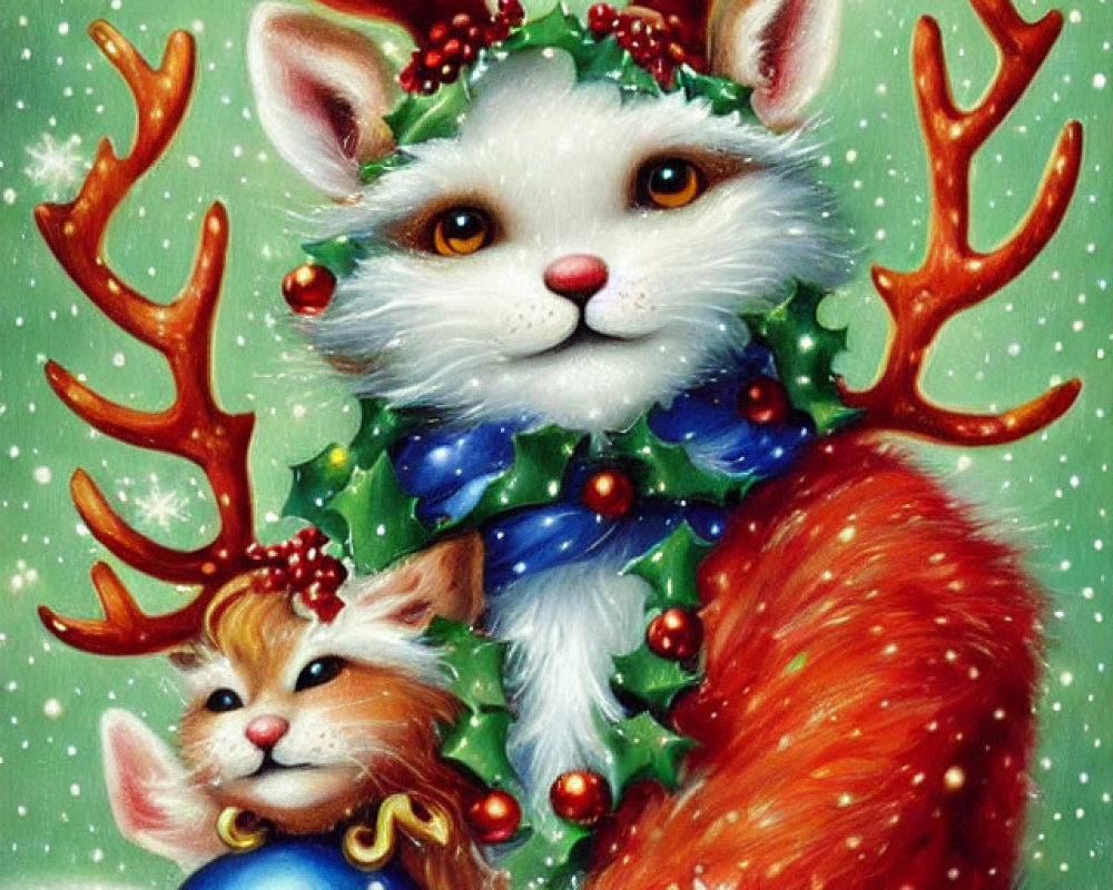 White cat with antlers and wreath holding ornament, squirrel in scarf, snowflakes scenery.