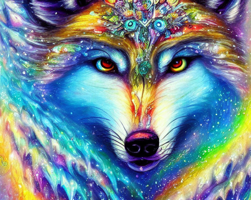 Colorful Wolf Face Digital Painting with Cosmic Background