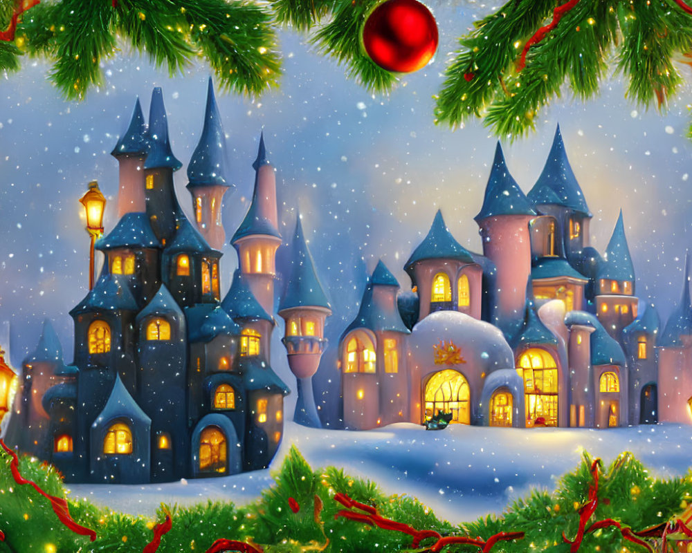 Snow-covered castle with twinkling lights in festive winter scene