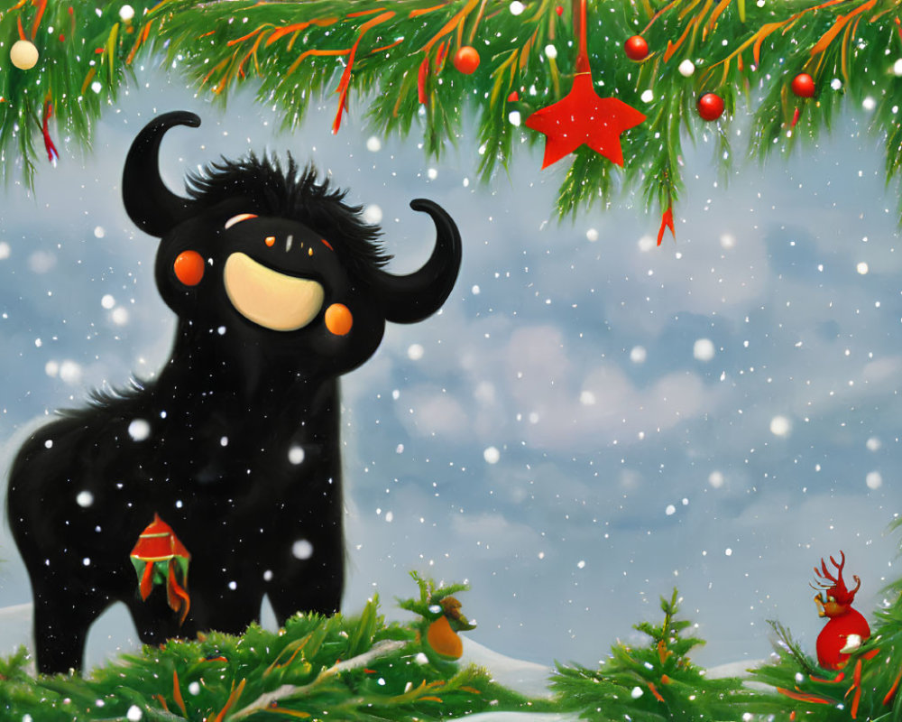 Cartoon yak in snowy Christmas scene with evergreen branches.