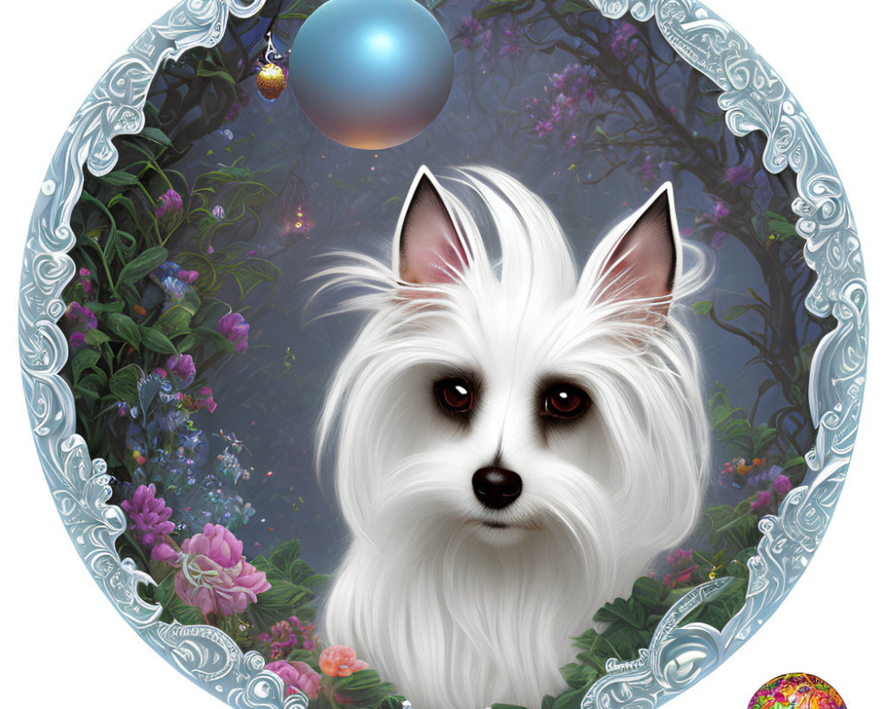 Illustration of fluffy white dog in floral circle on pastel background