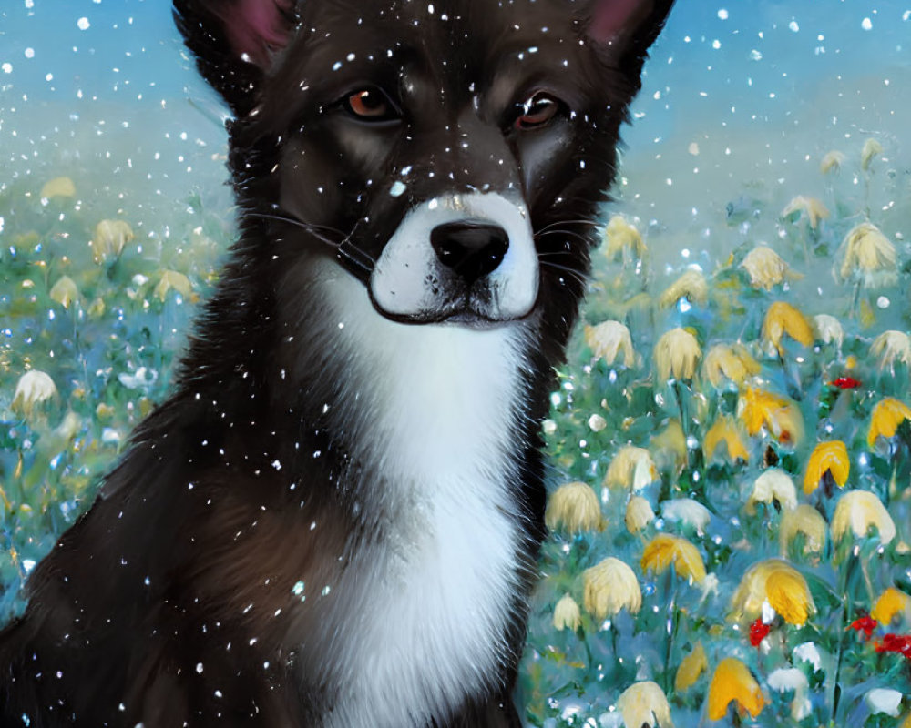 Brown and White Dog in Snowy Scene with Daisies and Red Berries