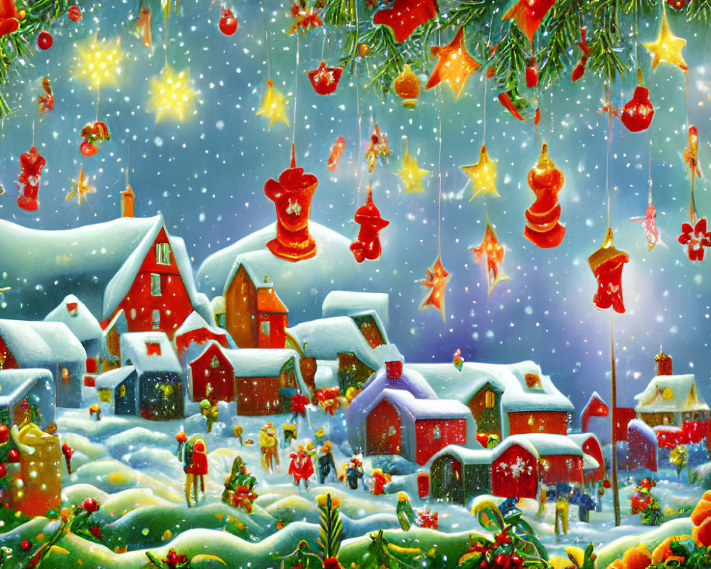 Snow-covered Christmas village with festive decorations under starry sky