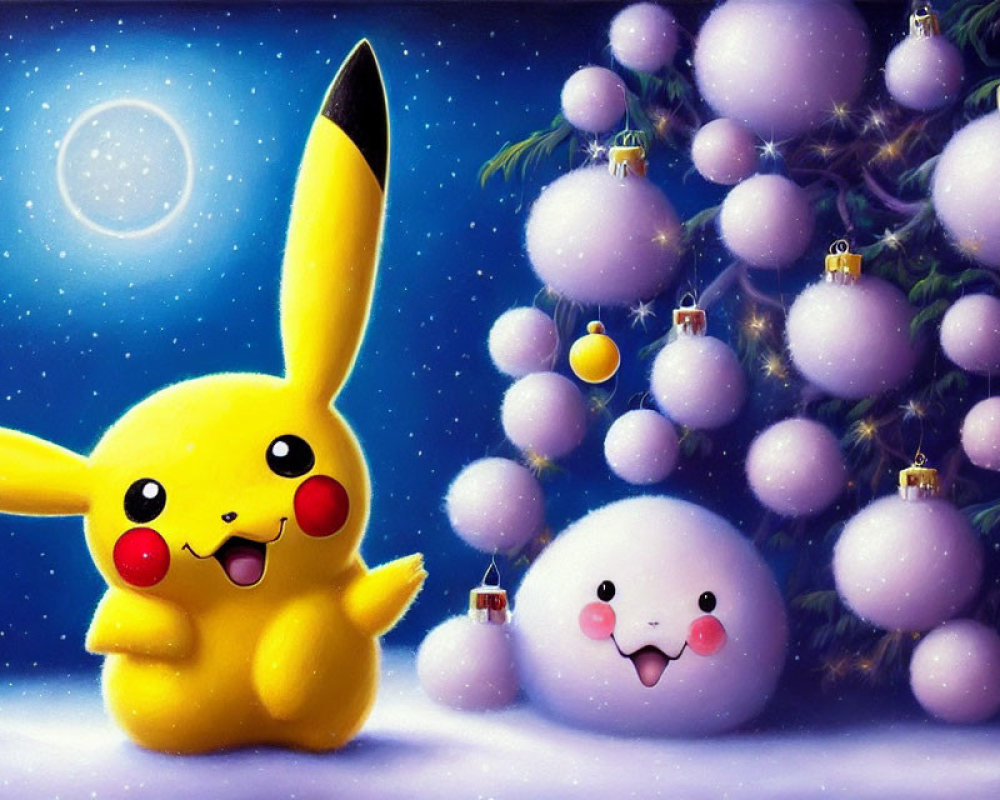 Festive Pikachu and snowball character by Christmas tree with lights and ornaments