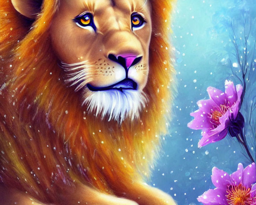 Regal lion painting with lush mane, snowflakes, and pink flowers on blue background