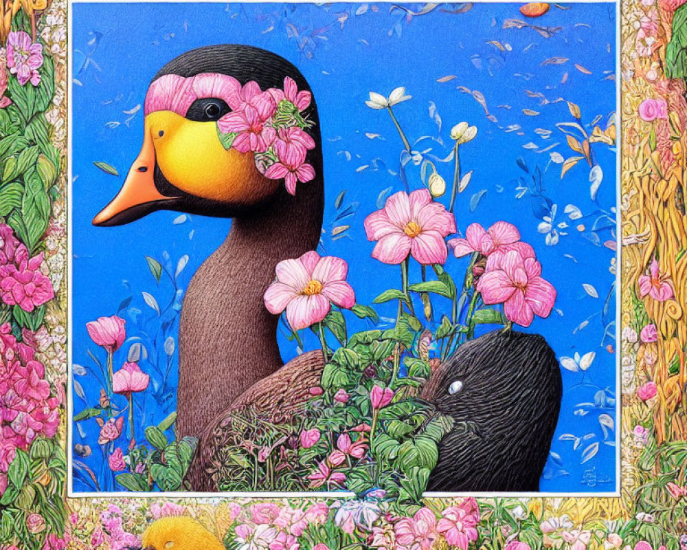 Colorful Ducks in Flower Field with Wheat and Floral Border