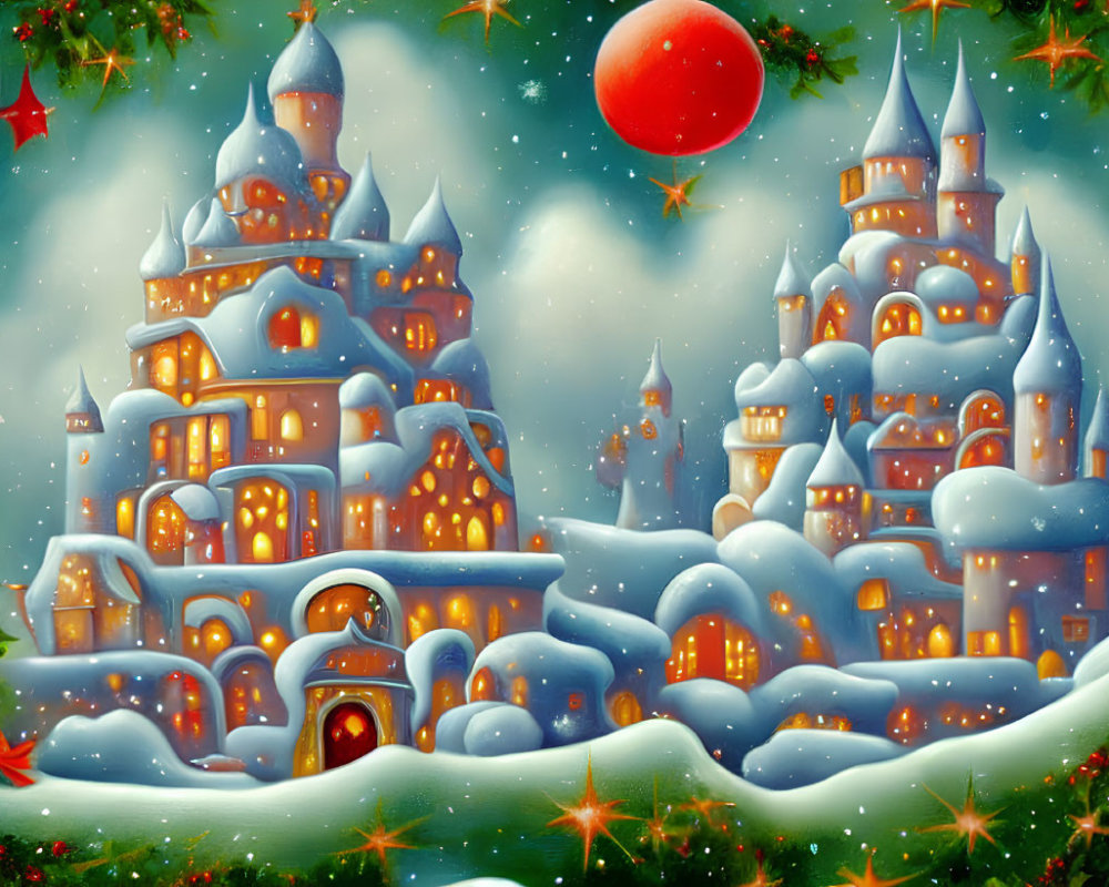 Fantasy Castles in Snowy Winter Scene