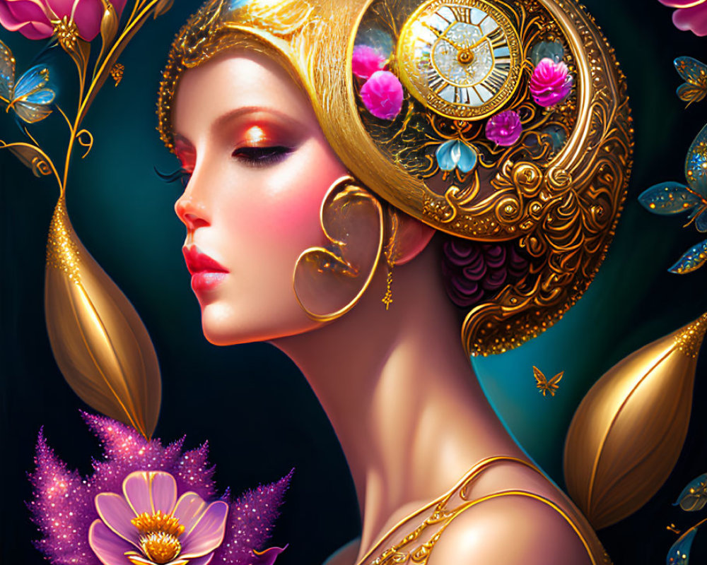 Detailed Illustration of Woman with Golden Clockwork Headpiece & Flowers