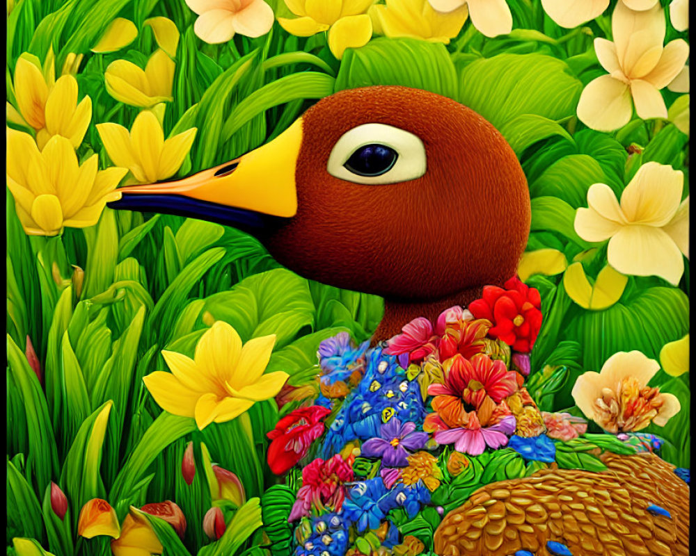 Colorful Duck Artwork Surrounded by Flowers and Foliage