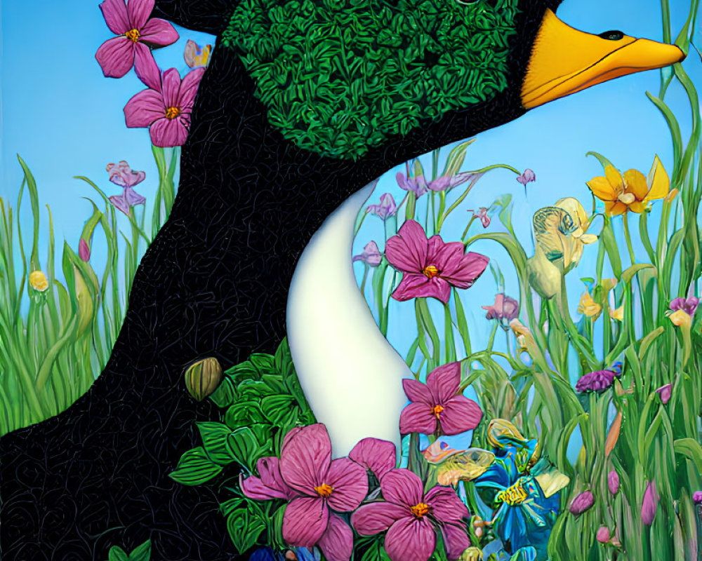 Colorful Flowers Surround Large Black Duck with Yellow Beak