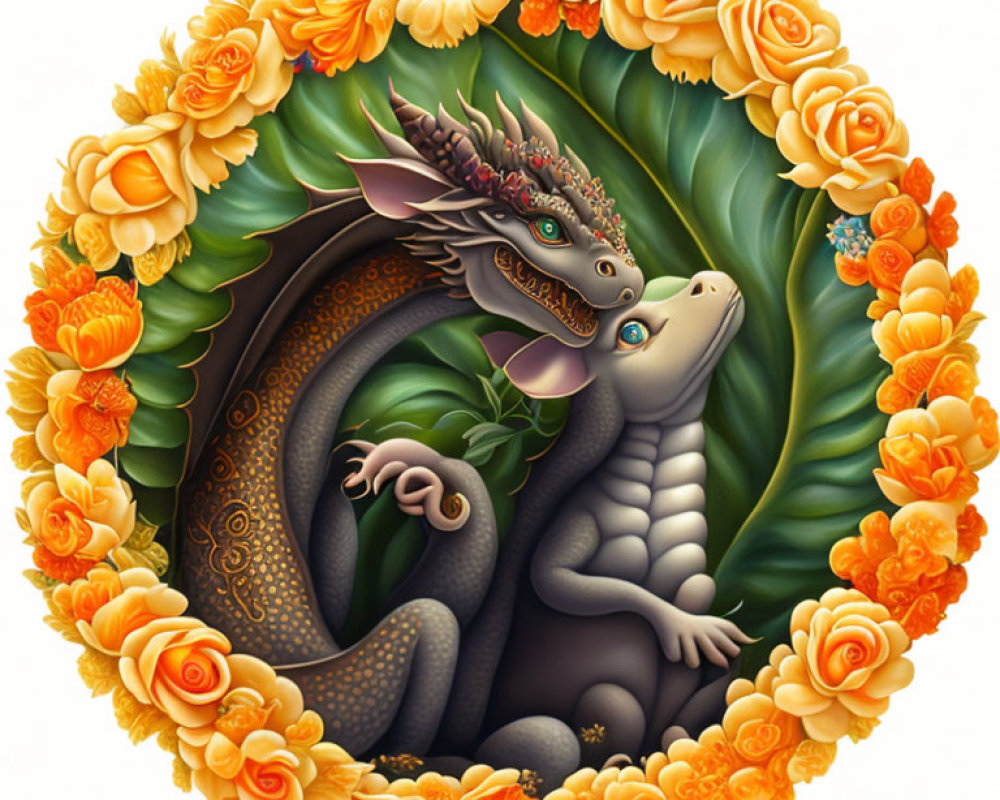 Interwoven Dragons with Orange Roses and Heart Symbolism