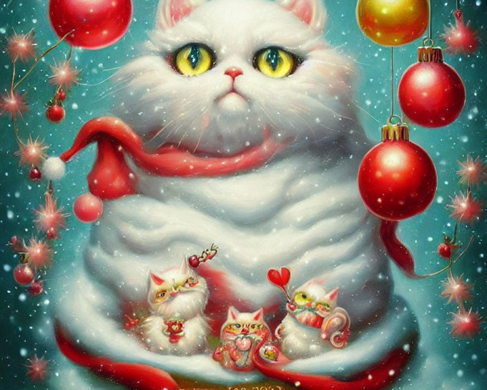 Whimsical painting of fluffy white cat in Santa hat surrounded by Christmas ornaments