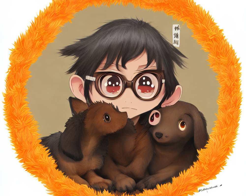 Young boy with messy hair and glasses surrounded by orange floral border, accompanied by two brown puppies.