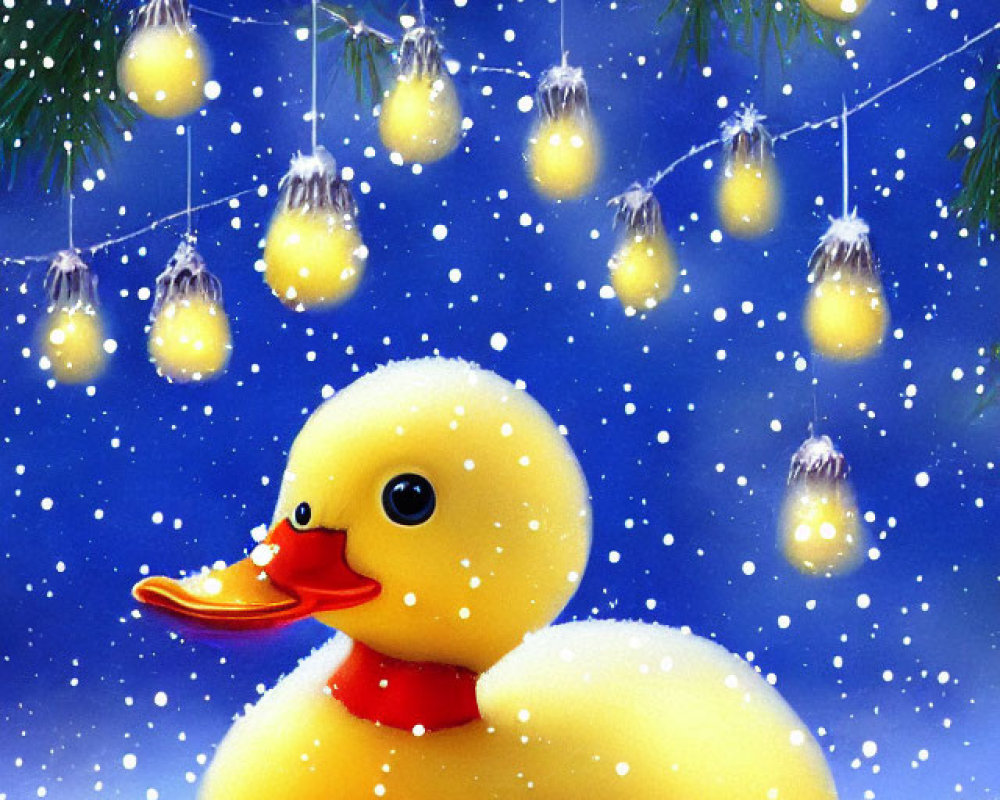 Rubber Duck with Red Scarf in Snowy Scene with Twinkling Lights