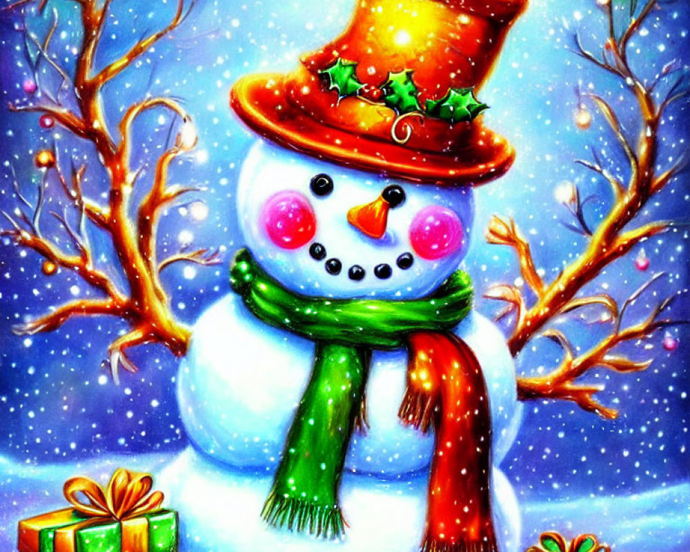 Cheerful snowman in top hat and scarf with snowy trees and gift boxes under starry sky