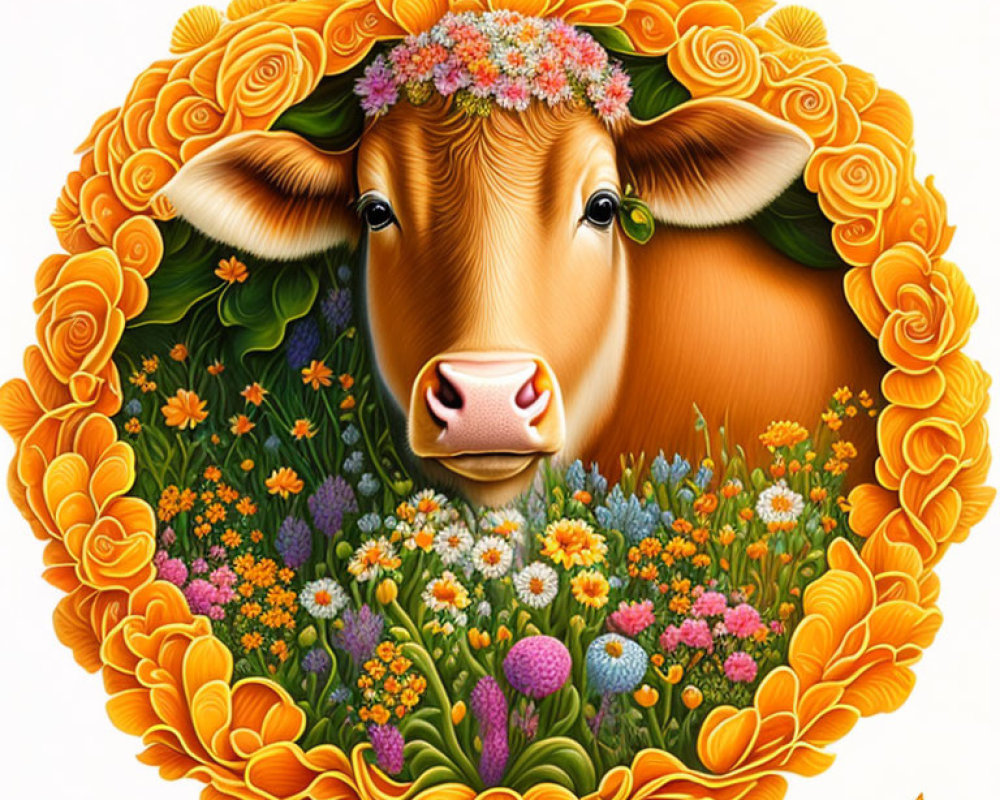 Colorful Cow Illustration Surrounded by Floral Frame