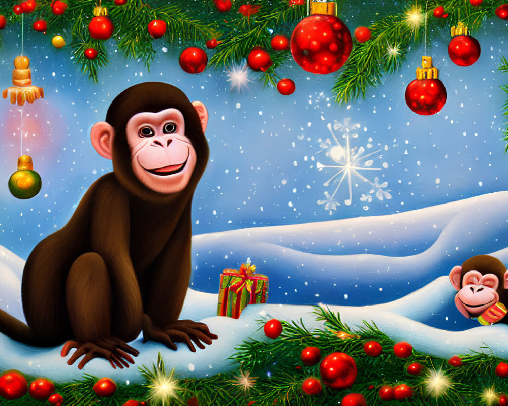 Cartoon monkeys in festive Christmas scene with snowfall and gifts