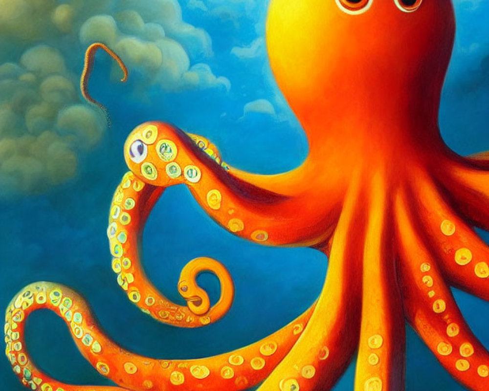 Colorful Painting of Large Orange Octopus with Swirling Tentacles and Kite