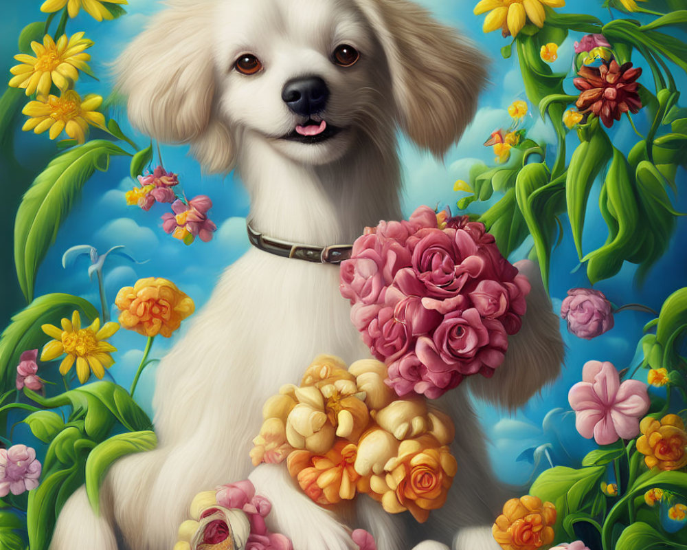 Colorful Flower-Decorated White Dog on Bright Blue Background