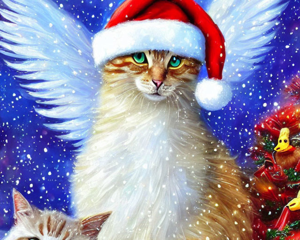 Whimsical cats with wings in Santa hats on snowy scene