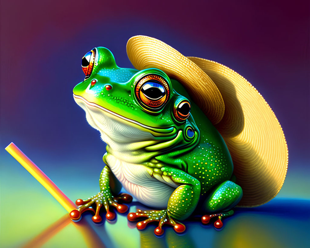 Colorful Green Frog with Straw Hat and Orange Necklace beside Yellow Straw