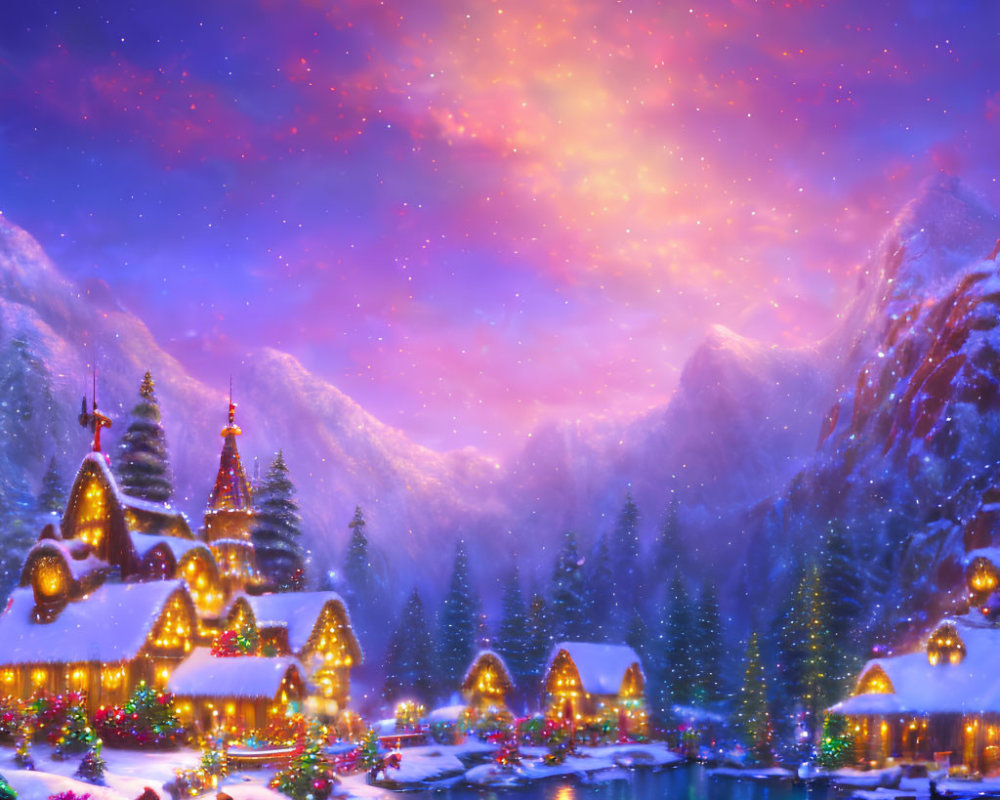 Winter Village with Cozy Houses, Christmas Trees, River, and Snowy Mountains