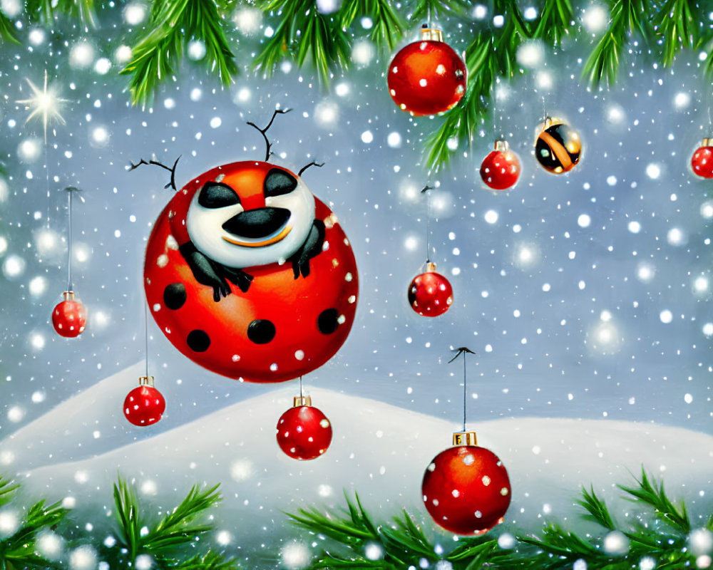 Snowman with reindeer antlers in ladybug shell among Christmas ornaments and snowflakes