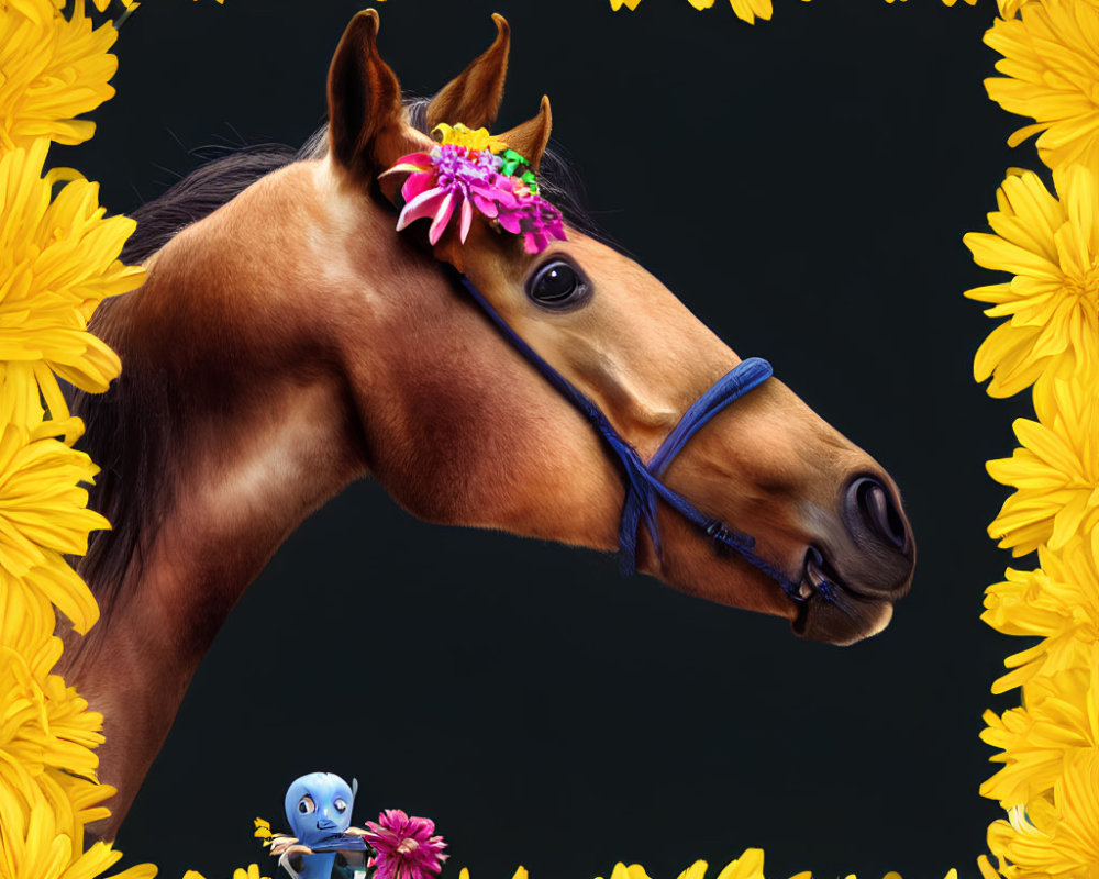 Floral Horse Portrait with Yellow Frame and Animated Character