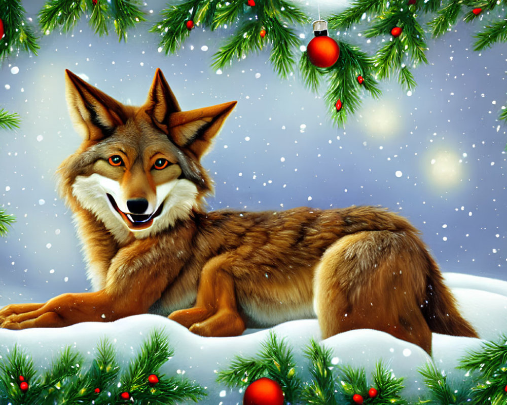 Smiling wolf in snow with Christmas tree branches and red baubles