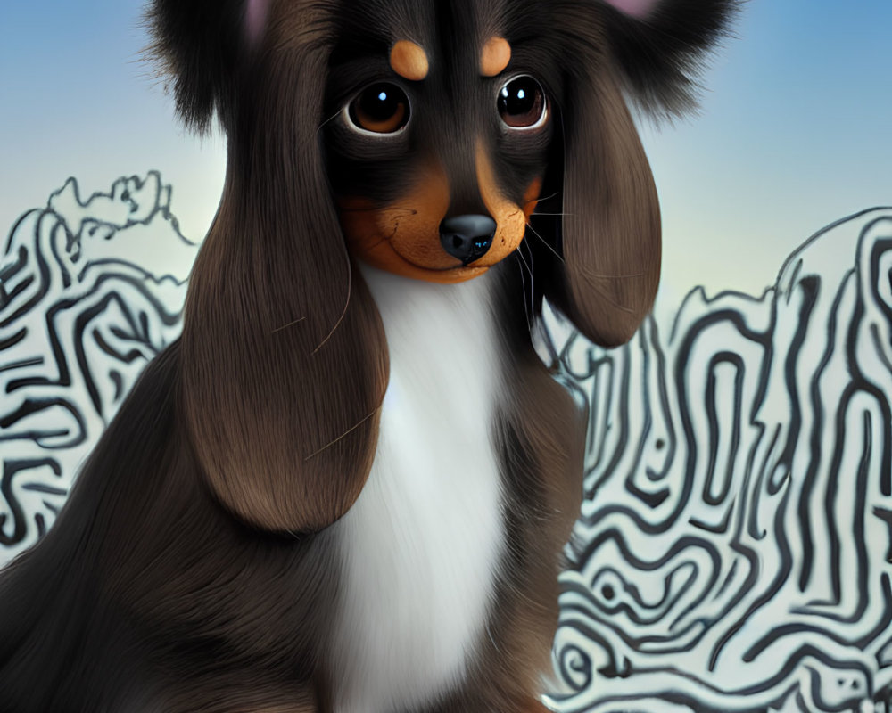 Illustrated black and tan dachshund on blue wave-patterned surface