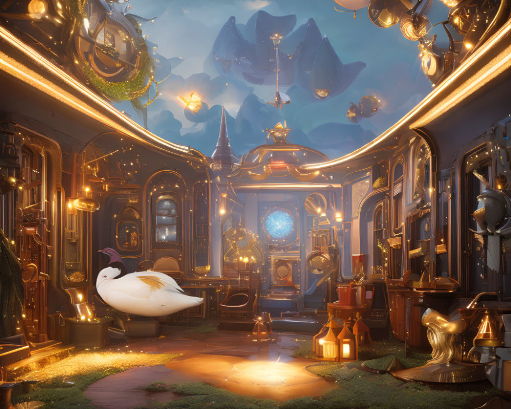 Whimsical room with floating books, glowing orbs, swan, ornate doors, celestial sphere