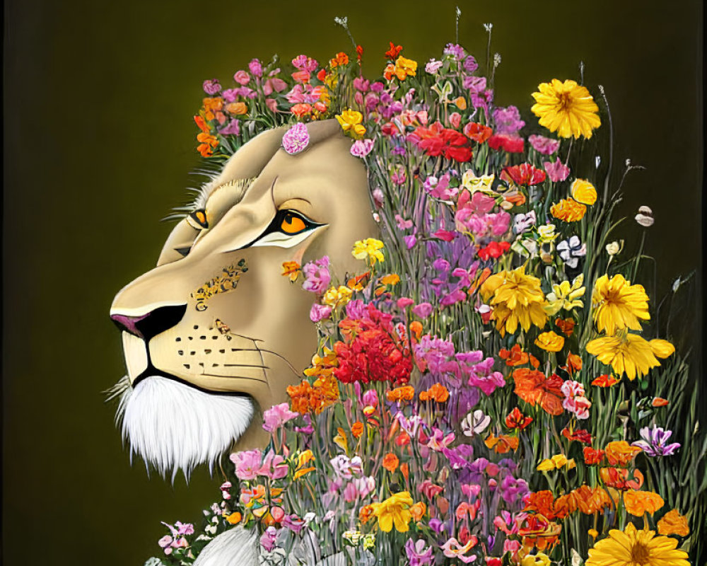 Colorful Flower Mane Lion Illustration on Dark Background