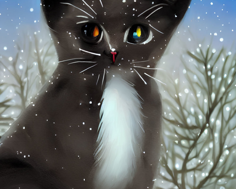 Monochromatic cat with amber and green eyes in snowy landscape