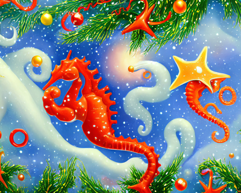 Festive orange and white seahorses with Christmas decorations in snowy scene