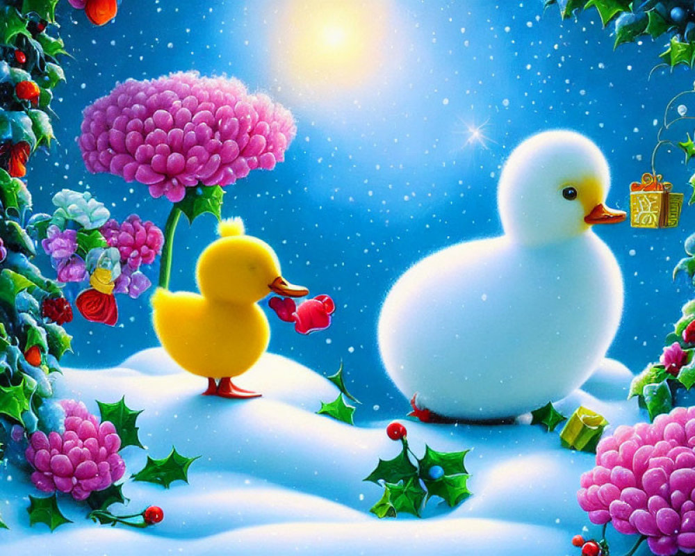 Whimsical winter scene with snow duck, yellow duck, flowers, berries, snowflakes.